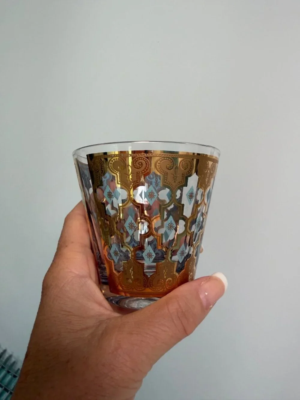 Culver Set of 5 MCM Seville 22K Gold Lattice Cocktail Glass Blue Vintage Rare